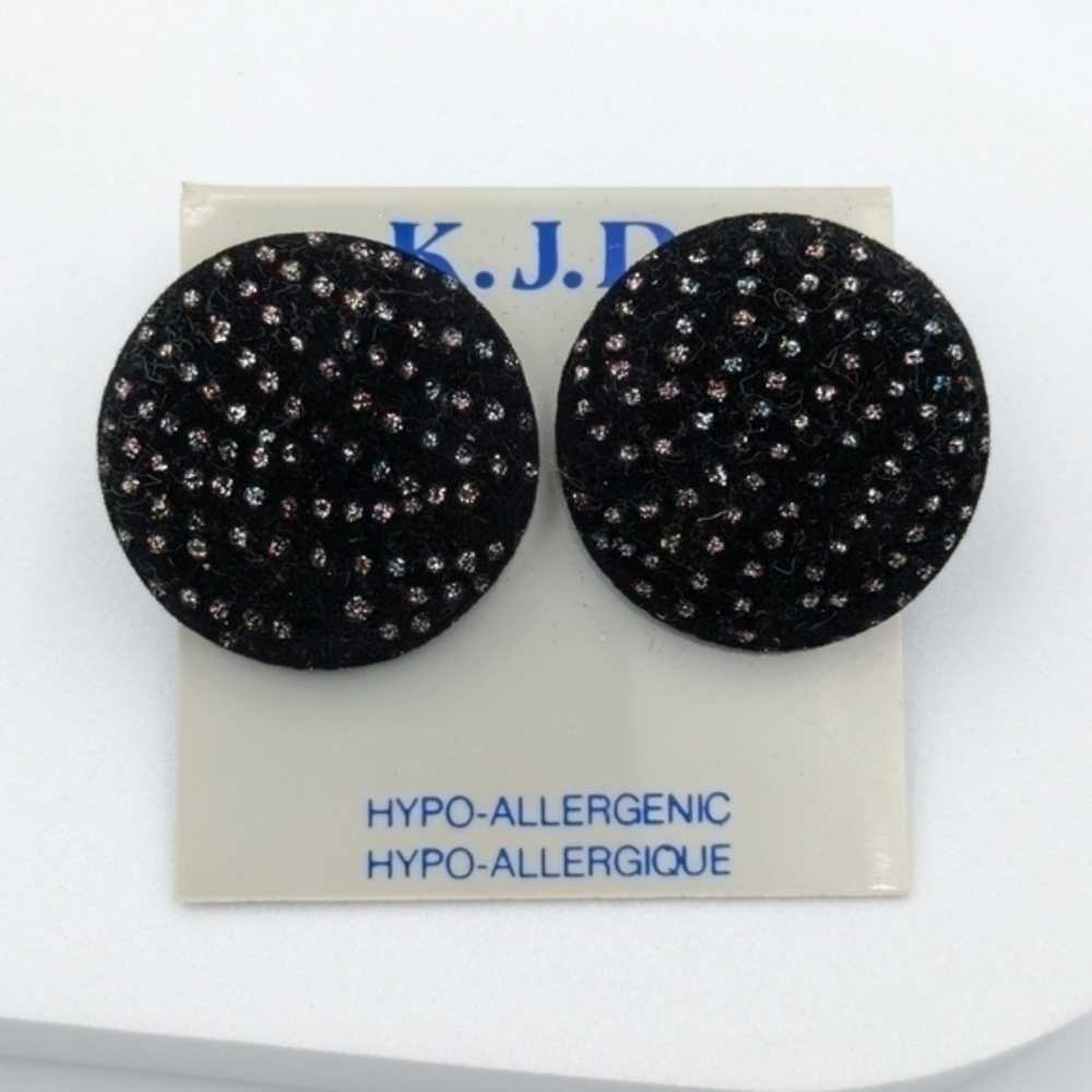 4/24$  Black fabric glitter vintage button earrings with original card